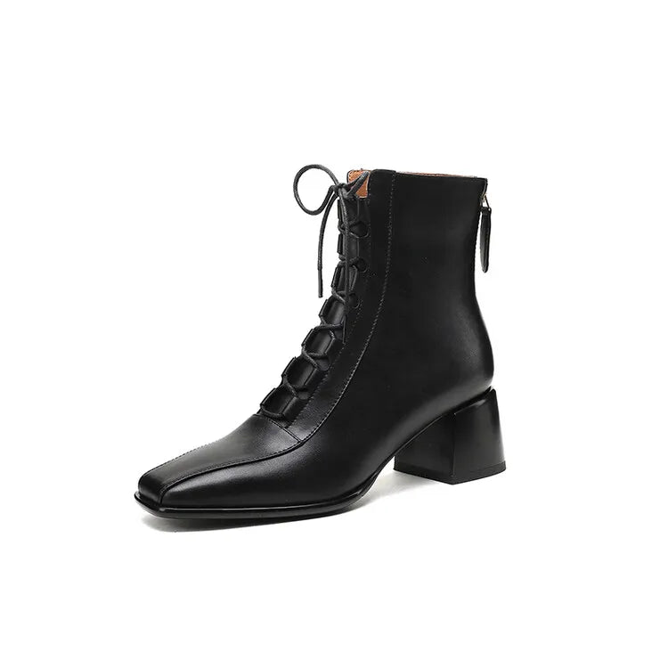 2022 Autumn Women Boots Square Toe Back Zipper Women Shoes Chunky Heels Shoes for Women High Heel Boots Vintage Leather Shoes