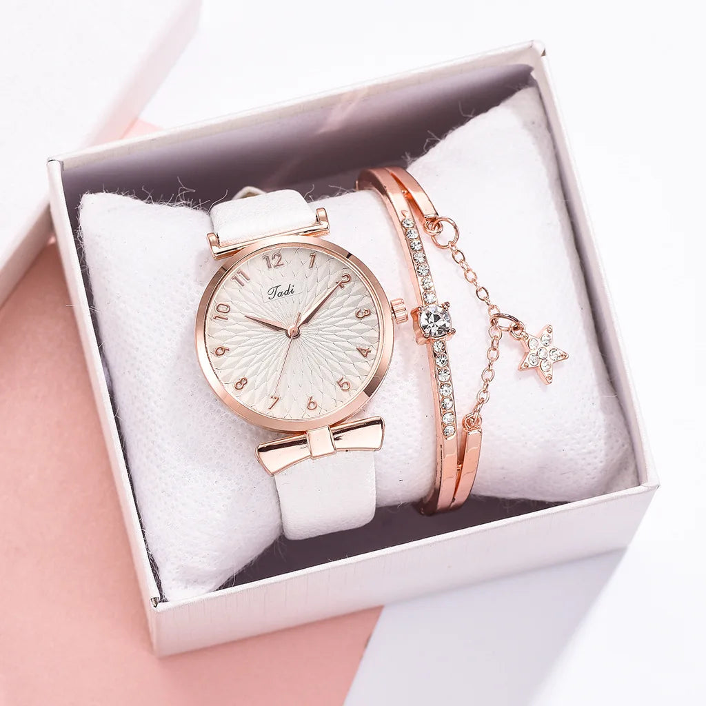 Fashion Women Watches Luxury Leather Buckle Flower Rhinestone Watch Ladies Quartz Wrist Watch Bracelet Set Reloj Mujer