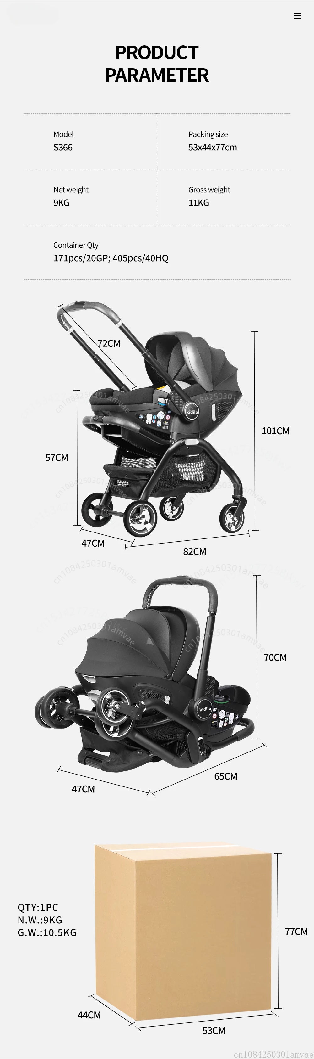 Kodilo baby safety stroller, child safety seat, newborn baby sleeping basket can be pushed in both directions Easy to operate