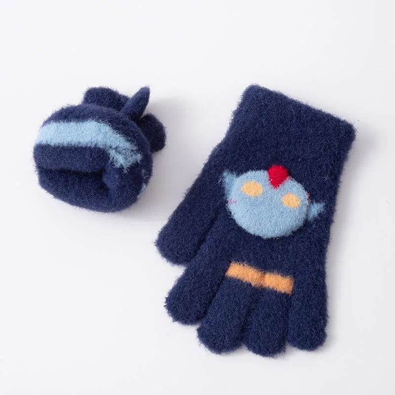 3-8 Years Winter Kids Thickened Knitted Gloves Boys Cartoon Warm Plush Children Outdoor Cold Prevention Gloves Toddlers Mittens