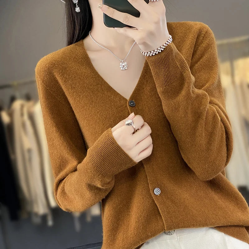New Fashion Spring Autumn 100% Merino Wool Women's V-neck Cardigan Cashmere Sweater 2024 Female Knitwear Clothing Korean Tops