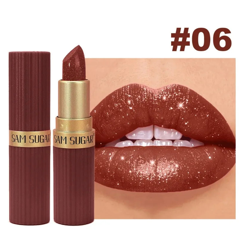 Pearlescent Pink Glitter Lipstick Metallic Waterproof Long Lasting Nude Matte Velvet Lip Stick Shimmer Diamond Women Sexy Makeup