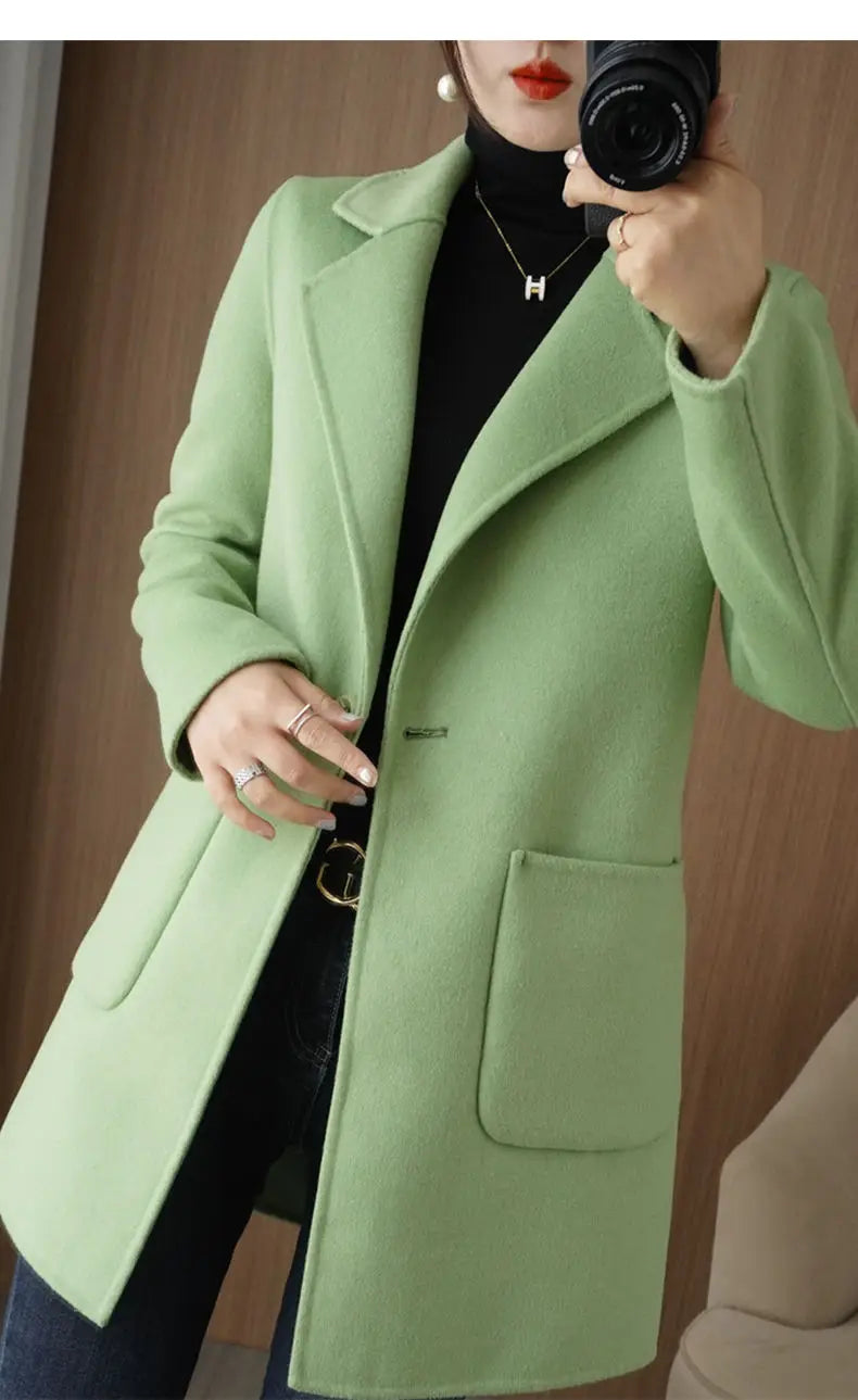 100% Pure Wool Double-Sided Cashmere Jacket Women Overcoat  Autumn Winter New Mid-Length One-Button Slim Wool Windbreakers coat
