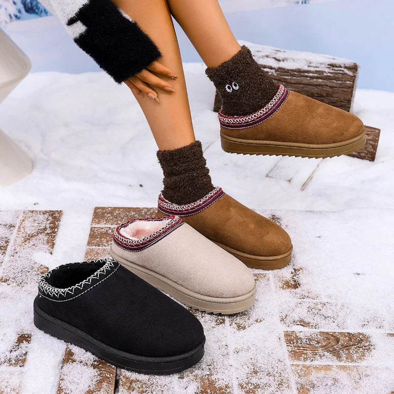 2026 Winter Women Snow Boots Cashmere Warm Thick Soles Without Heel-covered Hair Half Slipper Cotton Shoes Cashmere Warm Boots