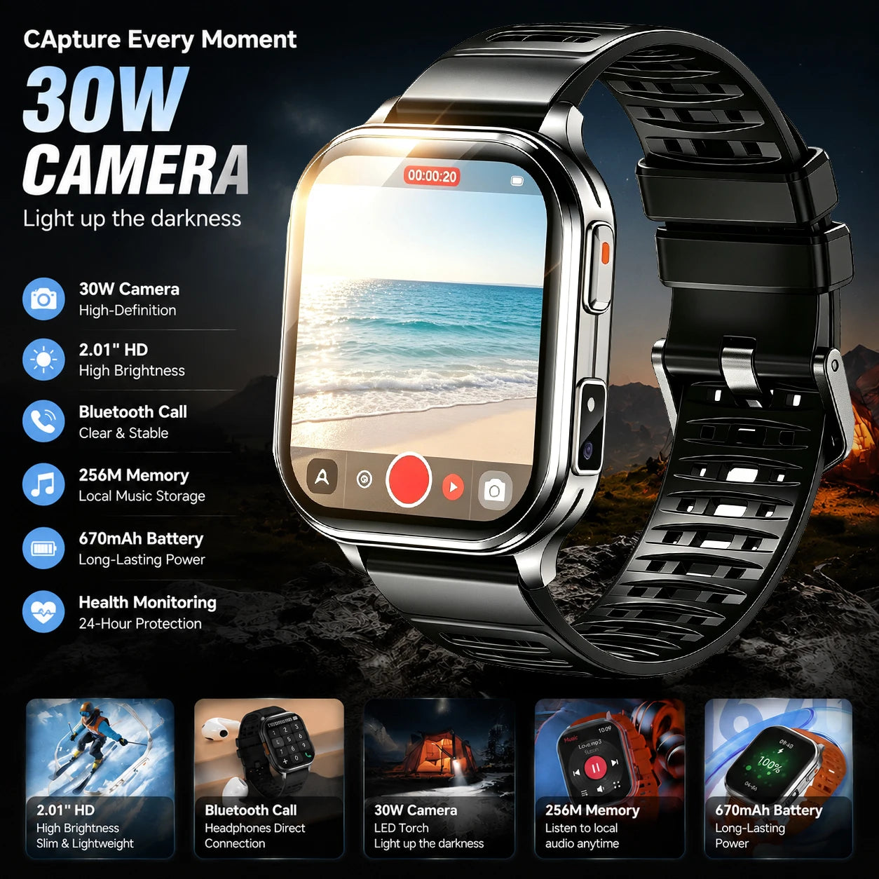 New Smart Watch 2.01" 30W Camera LED Torch 256MB Memory 670mAh Waterproof Health Monitoring 100+ Sports Mode BT Call Smart Watch