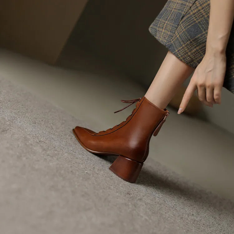 2022 Autumn Women Boots Square Toe Back Zipper Women Shoes Chunky Heels Shoes for Women High Heel Boots Vintage Leather Shoes