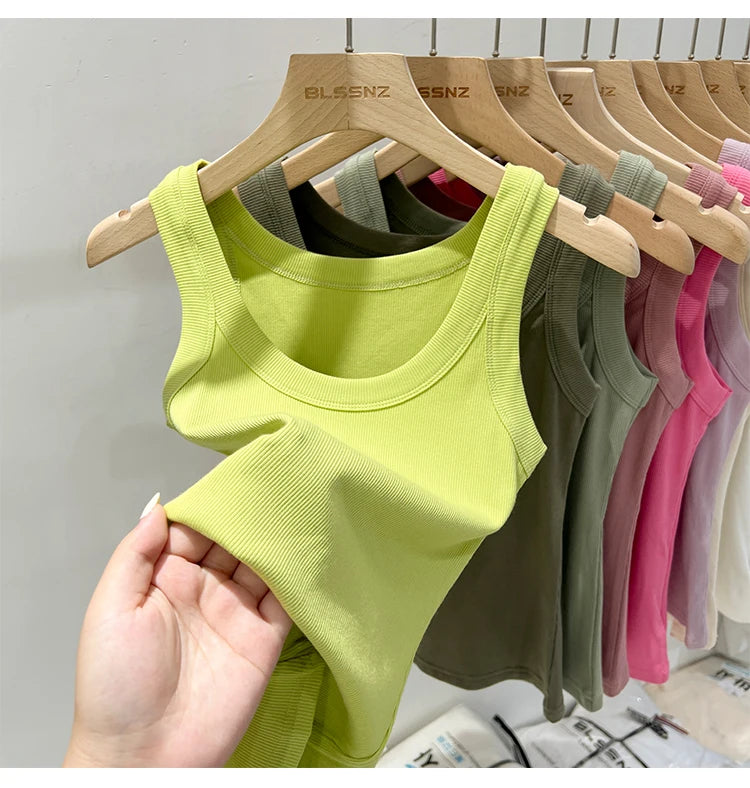 Women Solid Round Neck Ribbed Tank Top Camisole Women 2026 Summer Basic Elastic Tank Top O Neck Solid Tank Top