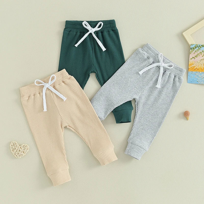 Pantalones largos de 3 piezas para niños pequeños, pantalones de invierno de Color sólido con parte inferior acanalada, pantalones pull-up de punto para bebés