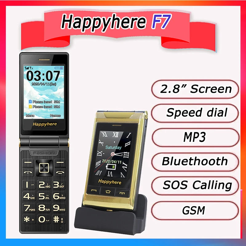 Happyhere F7 flip cell phones 2.8" screen  unlocked celular speed dial SOS FM radio senior Push-button cheap mobile phone