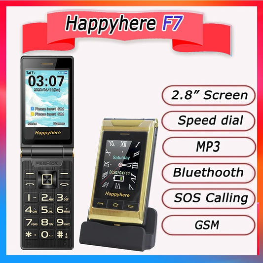 Happyhere F7 teléfonos móviles con tapa, pantalla de 2,8 ", teléfono móvil desbloqueado con marcación rápida, radio SOS FM, botón pulsador para personas mayores, teléfono móvil barato