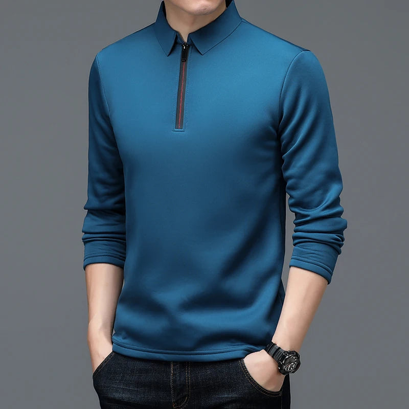 Fashion Brand Luxury Zipper Polo Shirt  Men's Solid Lapel Long-sleeved Polos Shirt Male Thin Tee Shirt Casual Loose Polo Tops