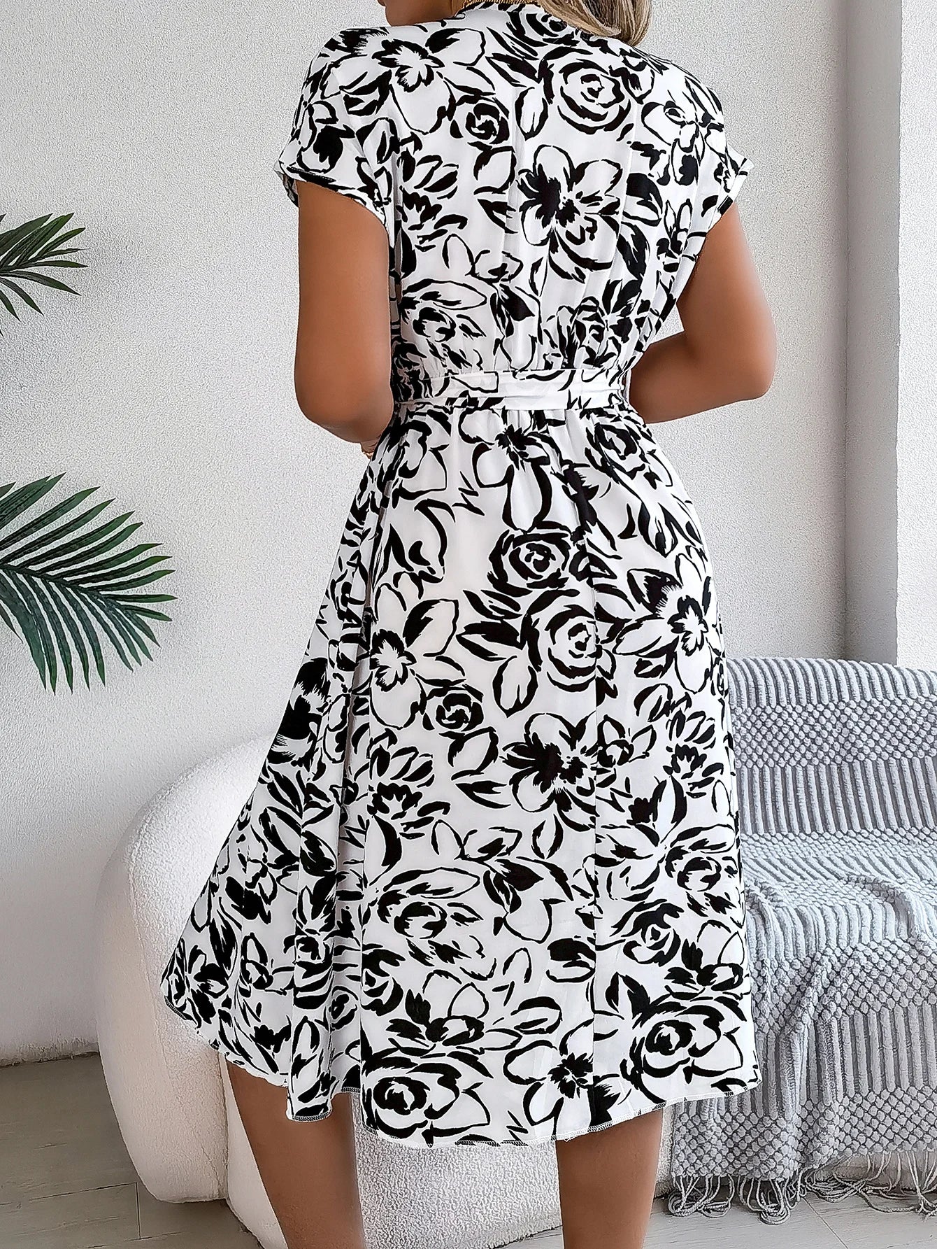 Spring Summer Casual Woman Dresses 2026 Fashion Buttons V Neck Flower Print Short Sleeve A Line Dress with Belt