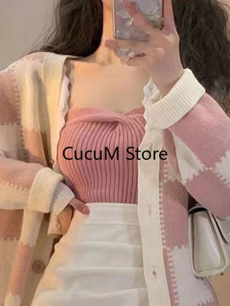 Y2k Knitted Sweater Suit Woman Elegant Fashion Suit Corset Vest + Casual Bodycon Skirt + Warm Plaid Sweater Cardigan Autumn