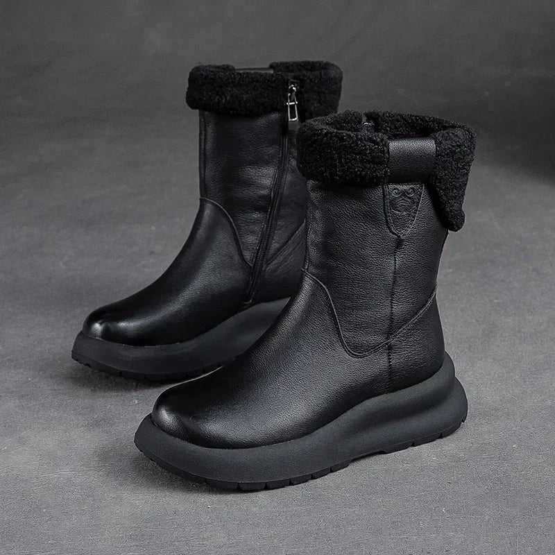 Koznoy 5cm Natural Genuine Leather Chunky Cow Spring Rubber Ankle Boots Soft Soled Winter Plush Flats Booties Autumn Women Shoes