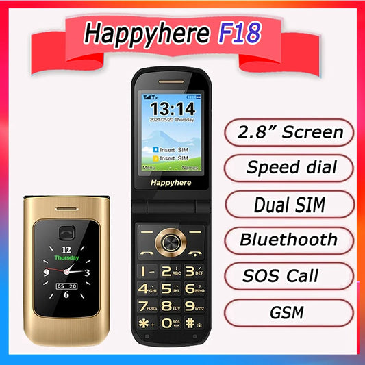 Happyhere F18 desbloqueado teléfonos móviles con tapa pantalla dual marcación rápida celular SOS MP3 FM antorcha pulsador teclado teléfono celular barato