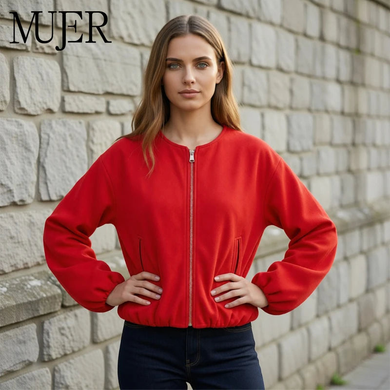 MUJER Fleece Bomber Jackets for Women Soft Zipper Woman's Sports Jacket Casual Cropped Jacket Women Long Sleeve Coats Outerwears