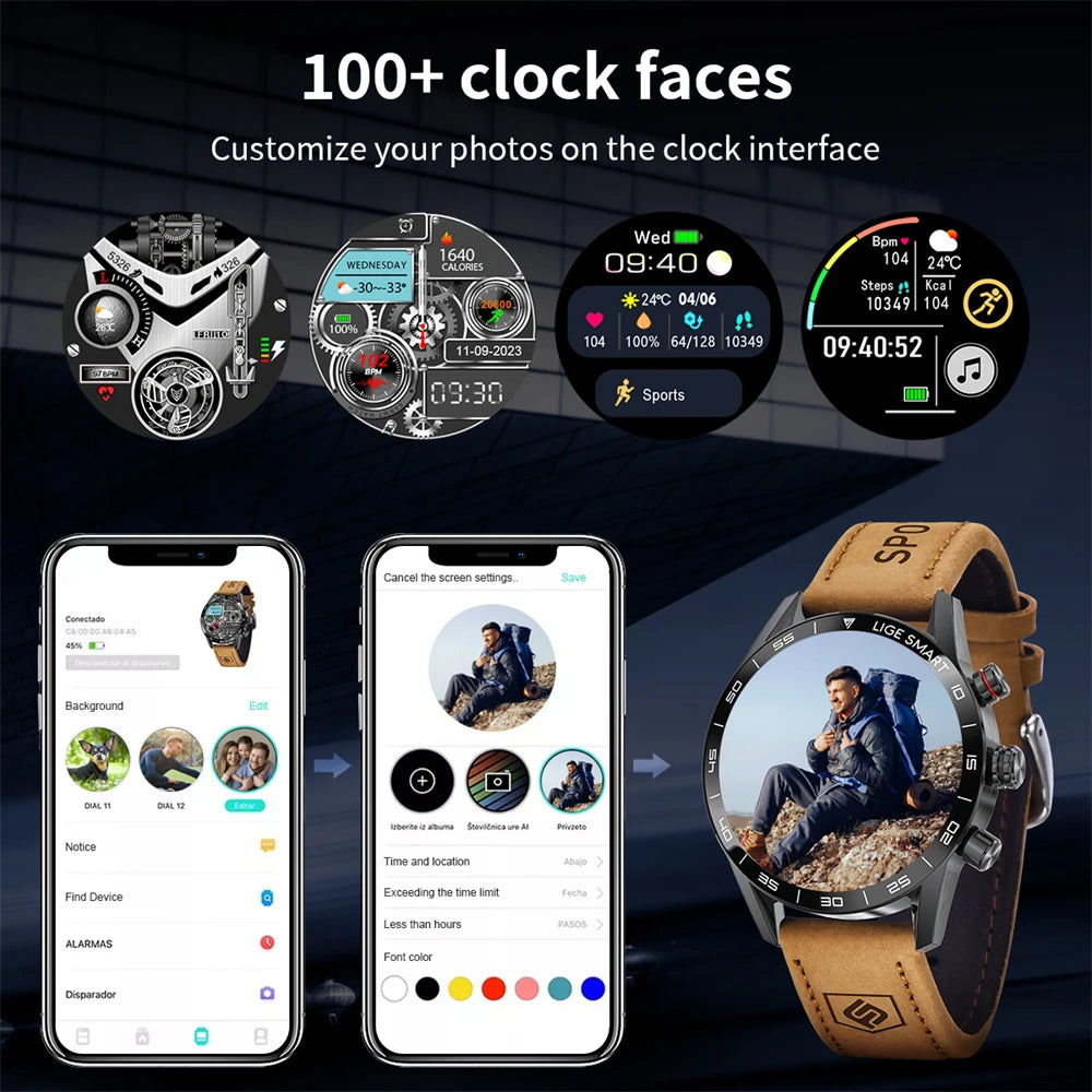 LIGE Men's Smart Watch Bluetooth Connection AMOLED Screen Smartwatch Men IP68 Waterproof Voice Call Samrtwatches for Android iOS