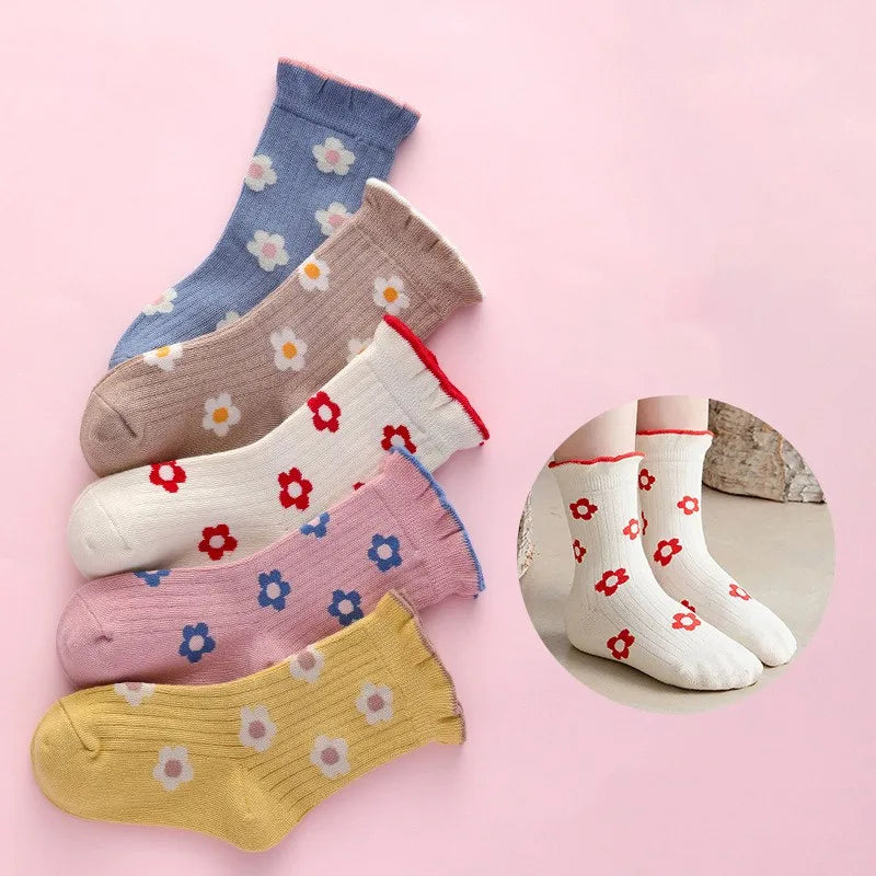 5 par/lote de calcetines de algodón suave para niños, calcetines coreanos con estampado de flores y corazones de amor para niñas, calcetines cálidos de tubo medio para otoño e invierno para niños