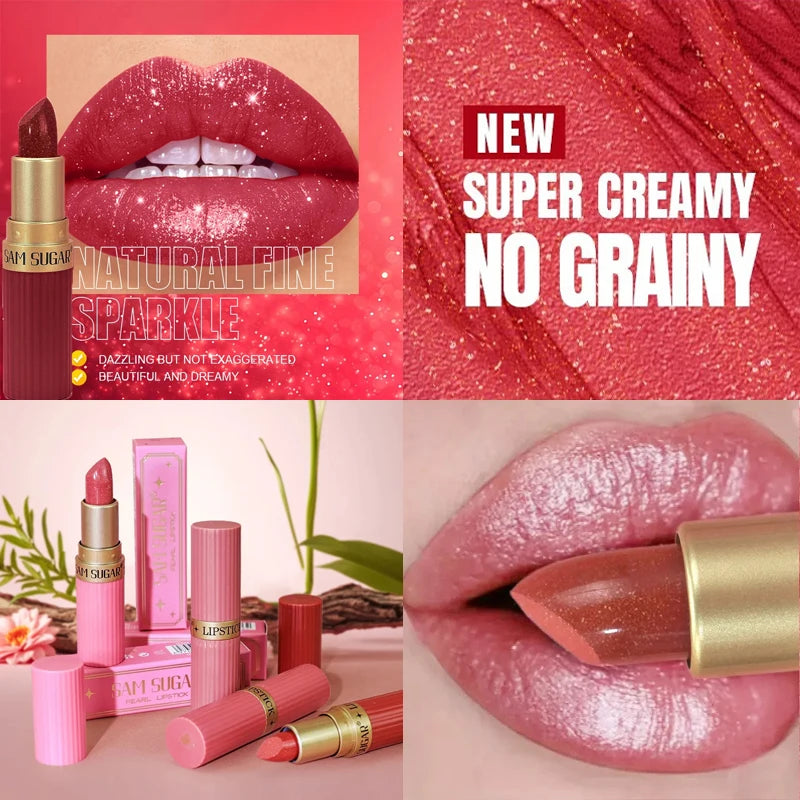 Pearlescent Pink Glitter Lipstick Metallic Waterproof Long Lasting Nude Matte Velvet Lip Stick Shimmer Diamond Women Sexy Makeup