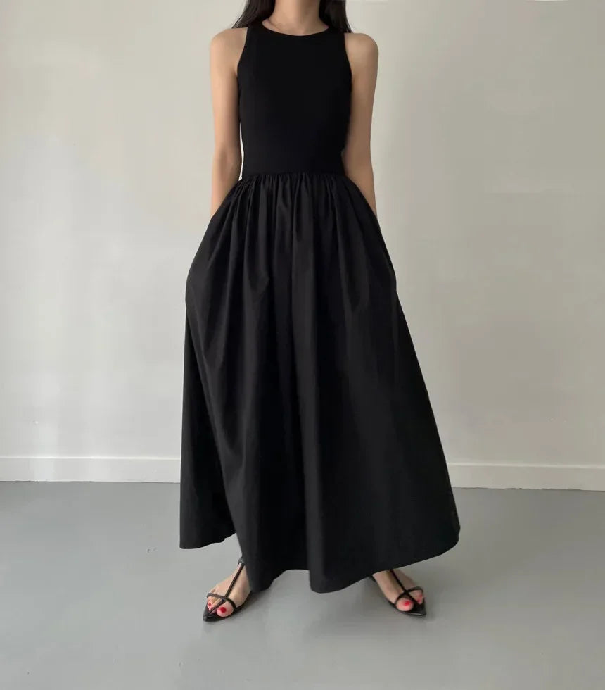 New Summer Simple Elegant Black Long Dresses For Women Round Neck Sleeveless High Waist Temperament Female Fashion Style Dress