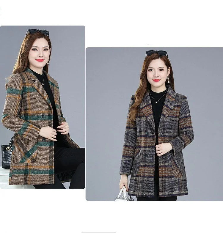 Mother's clothing Plaid Woolen Jacket 5xl Autumn Winter Female Thicken Slim Middle length Outwear Korea Women's Casual Wool Coat