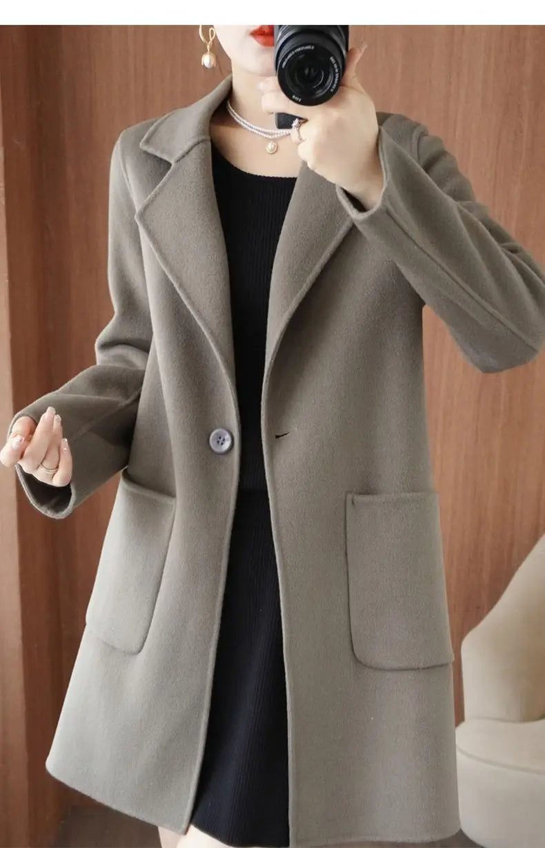 100% Pure Wool Double-Sided Cashmere Jacket Women Overcoat  Autumn Winter New Mid-Length One-Button Slim Wool Windbreakers coat