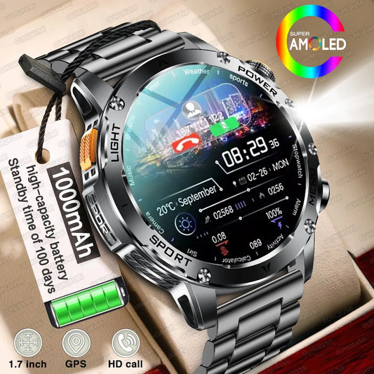 2025 Men 1.7-inch AMOLED Screen Smart Watch 1000mAh Battery Heart Rate Bluetooth Call NFC GPS Tracker Sports Fitness Watches New