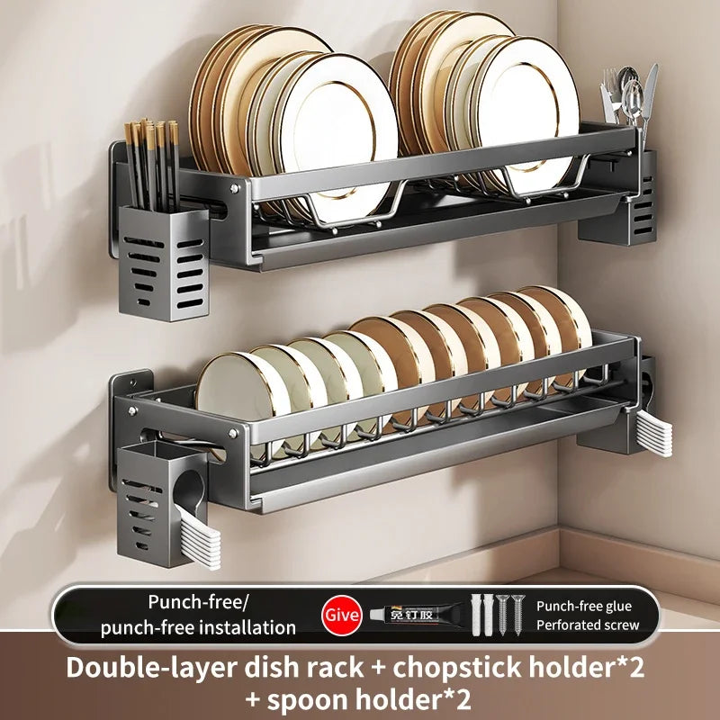 Floating Wall Drainer for Kitchen Dishes Multifunction Divider Spoon Kitchen Accessories Holder Organizers Storage Shelf Rack