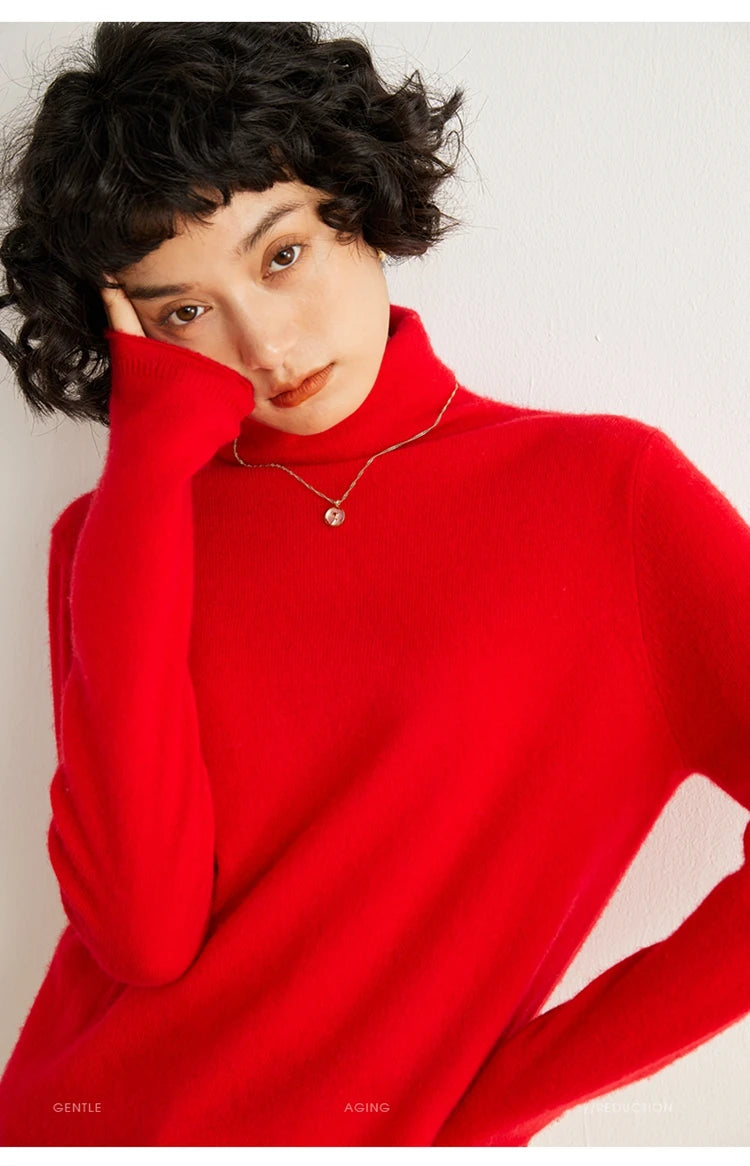 Women's 100% Cashmere Sweater Casual Solid Color Knitted Pullover Loose High Neck Jumper Autumn/Winter Warm Blouse Tops