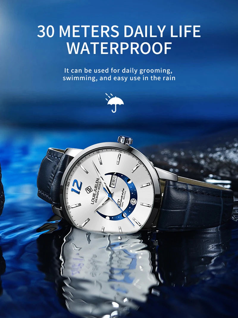 BELUSHI New Waterproof Men Watches Luxury Moon Phase Dial Luminous Male Clocks Date Week Leather Quartz Sport Watch For Man