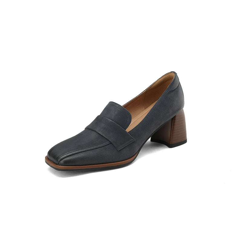 2024 Spring New GENUINE LEATHER Women Shoes LEISURE Women Slip-On Shallow Pumps Square Toe Heels Shoes Women Zapatos De Mujer