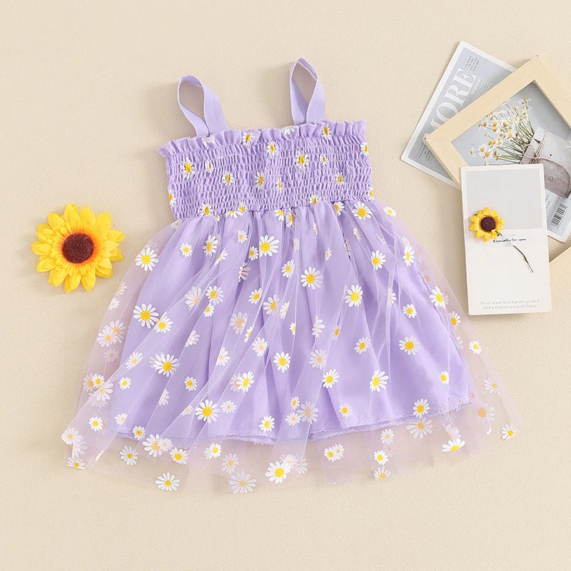 Vestido de tul para niñas, vestido Floral de margaritas para fiesta de cumpleaños, sin mangas, con tirantes, ropa informal para niño niña, vestido de princesa