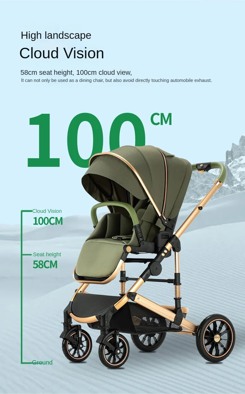 High View Two-way Stroller Eggshell Sleeping Basket Can Sit or Lie Down Lightweight Four Wheel Stroller Luxury Trolley Pushchai