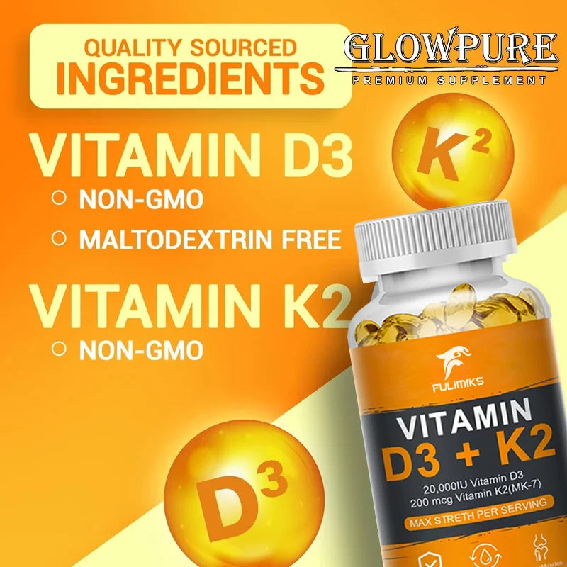Vitamin D3 K2 Capsule - 20,000 IU Vitamin D3 Promotes Strong Bones, Calcium Absorption, Teeth, Heart, Cardiovascular Health