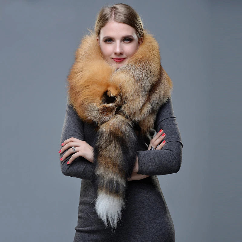 New Winter Large Real Fox Fur Collar Natural Fur Coat Scarves Luxury Women Men Jackets Hood Shawl Decor Female Neck Scarf Wraps