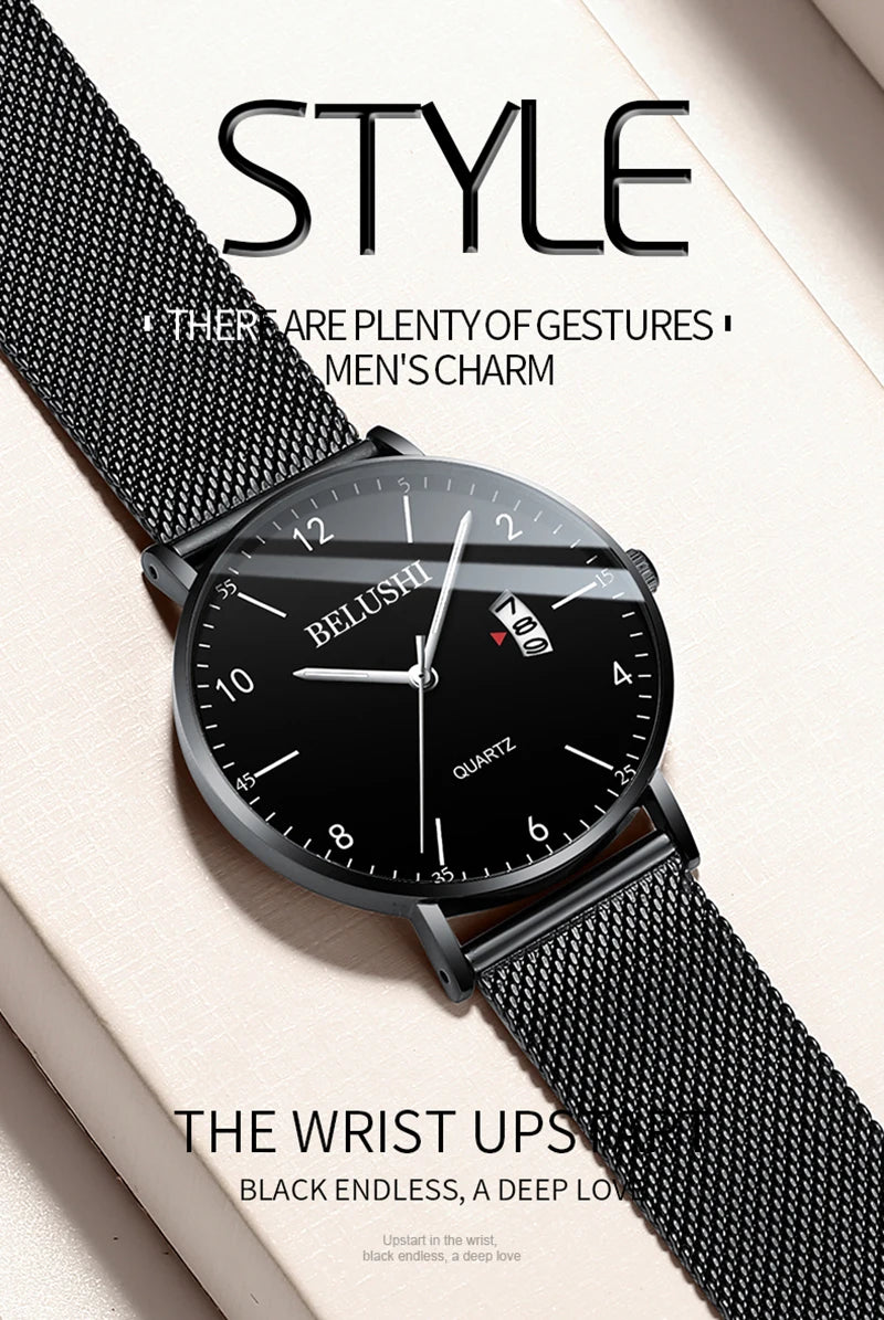 BELUSHI Luxury Brand Men Wristwatches Simple Business Stainless Steel Strap Calendar Male Watch Waterproof Fashion Gift Clock