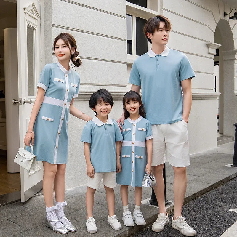 Family Bule Clothes Father and Son Polo Shirts Shorts Outfits Mother Daughter Matching Dress Brother Sister Clothes Summer