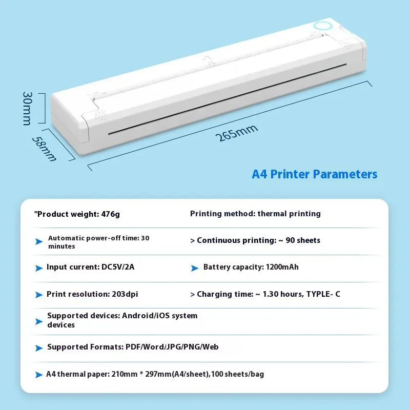 A4 Thermal Printer Small Home Office Bluetooth Wireless Handheld Portable Inkless Thermal Printer Student Error Note Printer