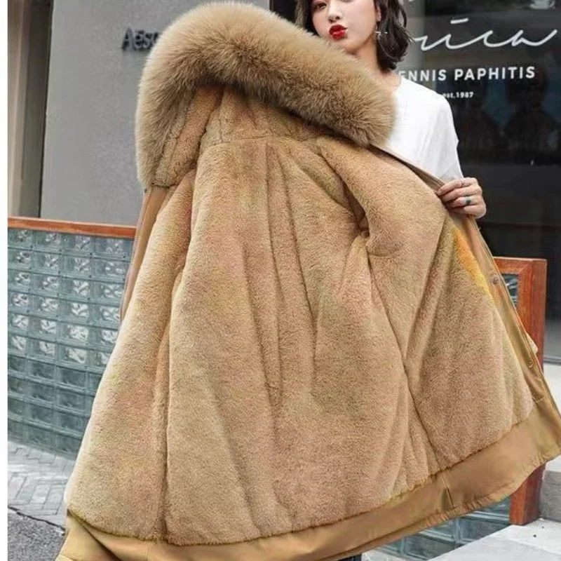 Winter Women Clothes Wool Liner Jacket Casual Thick Parka Fur Collar Long Coat Warm Hooded Snow Wear Padded Solid Colour Jackets