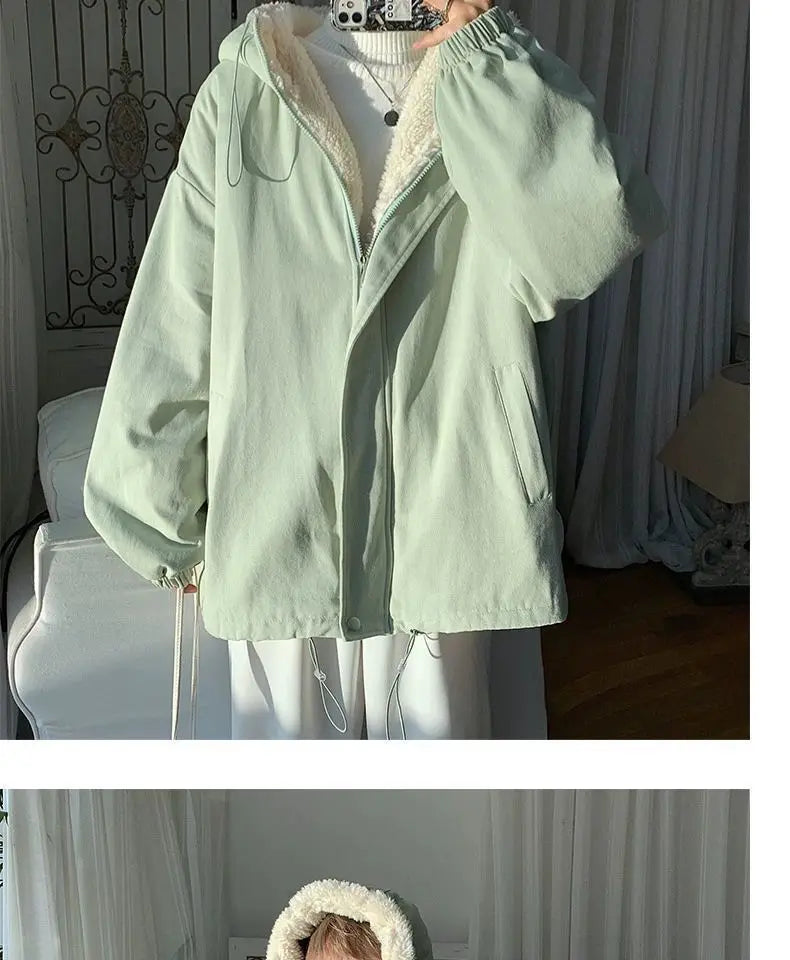 Lamb wool Jacket Women's 2025 Autumn winter New Korean version Loose Workwear Student cotton Jackets Female Hooded Warm Coat