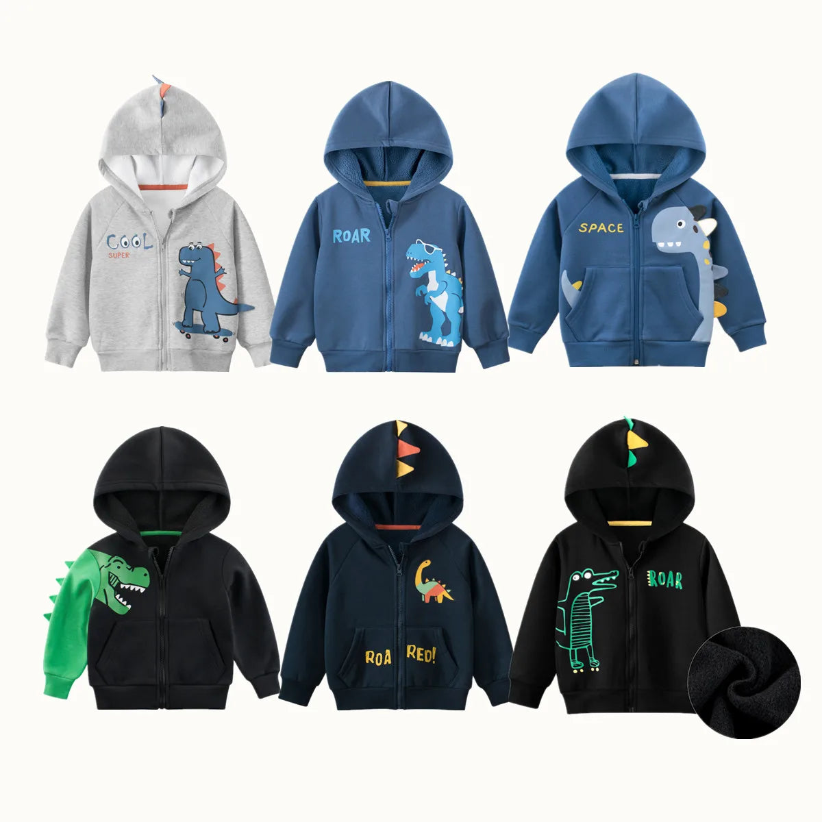 Ropa con capucha de dibujos animados de dinosaurios de primavera para niños y niñas, abrigo informal simplificado con cremallera de algodón polar y ropa