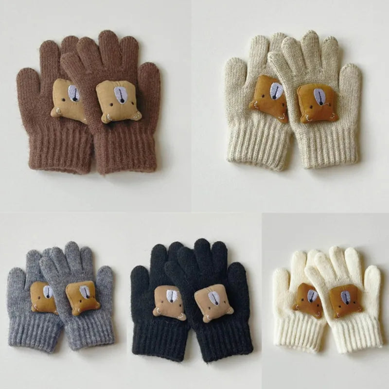 Cute Cartoon Bear Toddler Baby Gloves Winter Thicken Warm Kid Boy Girl Full Finger Mittens for 3-7 Years Children Outdoor Gloves