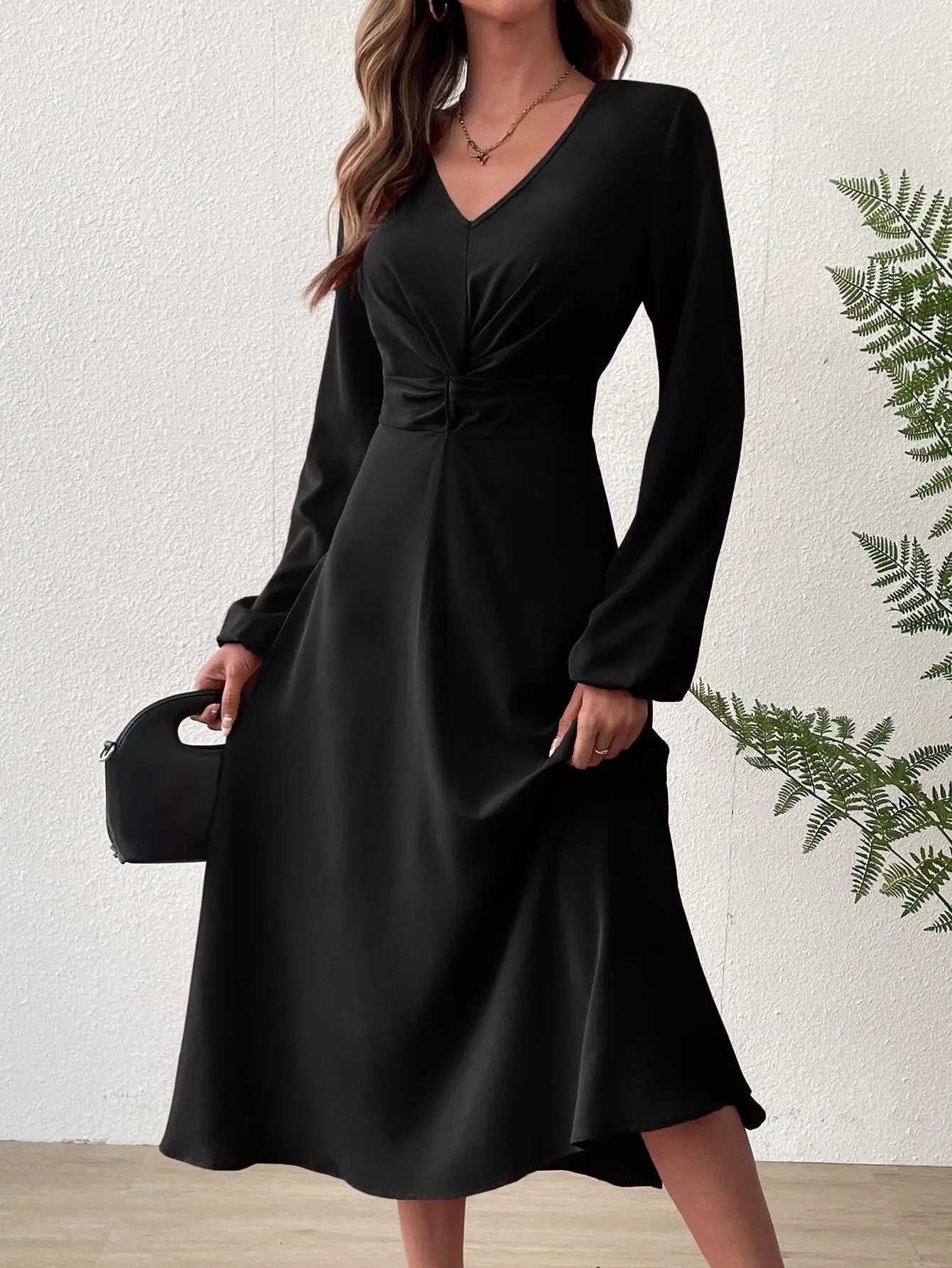 European American Fashion Spring Summer Fashion V-neck Lantern Long-sleeved Skirt Twisted Edge Elegant Mid-length Dress