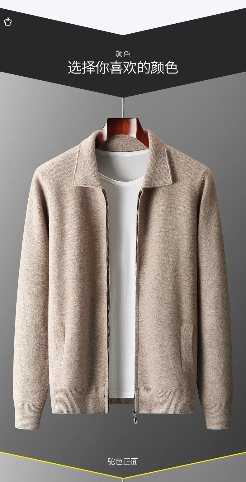 Men's Cardigan 100% Pure Cashmere Jacket Zippered Lapel Knit Sweater, Loose Thickened Long Sleeved Business Casual Autumn Winter