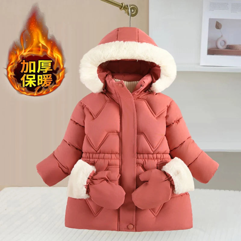 2025 Winter New Girls Jacket Long Solid Color Lining Berber Fleece Thick Warm Hooded Parka For 4-10Y Girls Bow Fashion Snowsuit