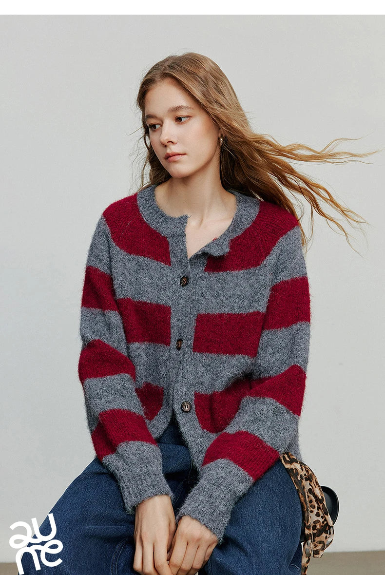 TOYOUTH Women Sweater 2025 Autumn New Color Contrasting Lulu Style Striped Cardigan Tops