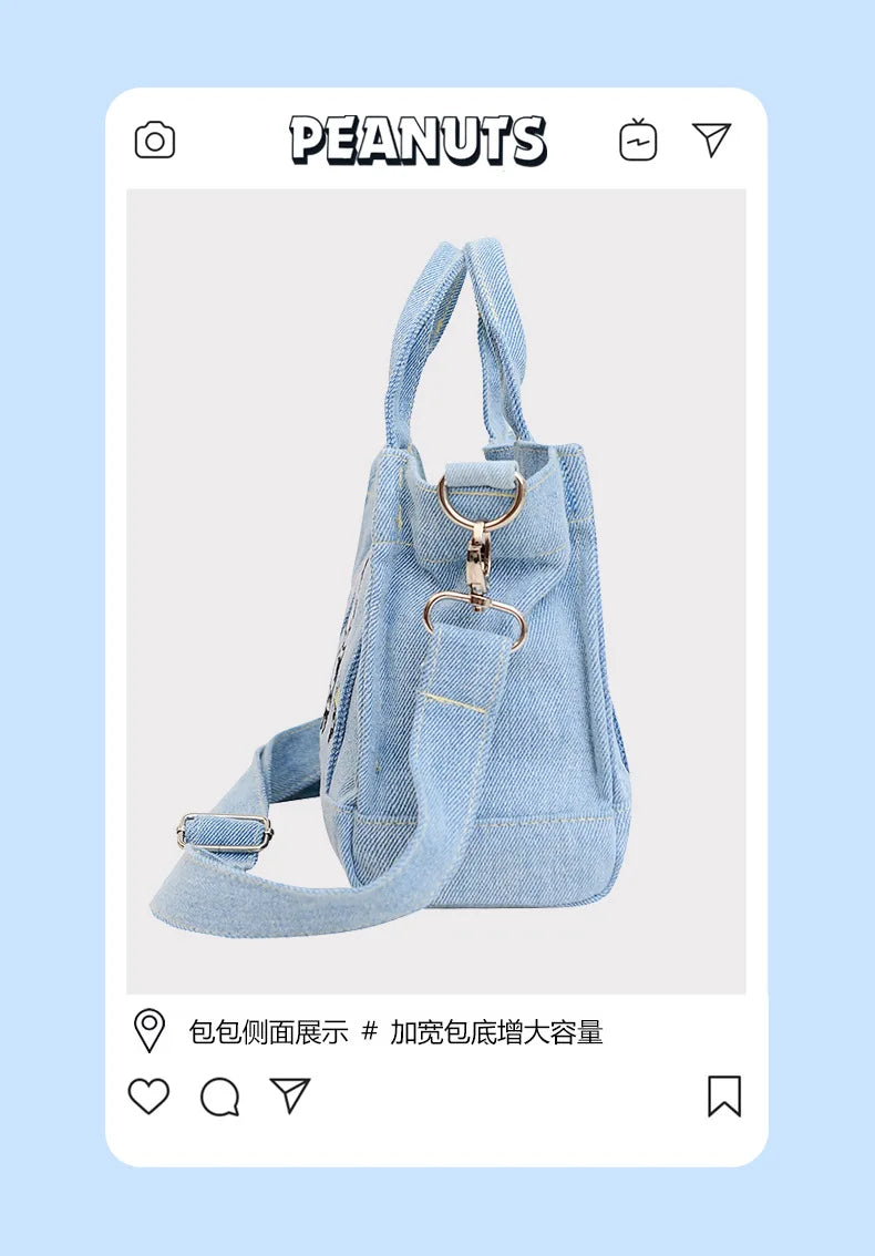 Kawaii Snoopy Denim Tote Bag Cartoon Animation Student Cute Tote Bag Embroidery Lunch Crossbody Bag