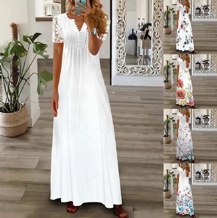 Spring Women Lace Button Loose Boho Vintage Ruffles Dresses Befree Summer Elegant Party Large Big Summer Party Maxi Dress