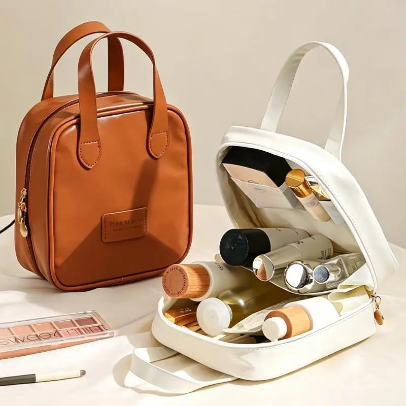 Cream Style PU Makeup Bag Portable Handheld Large Capacity Waterproof Cosmetic Organizer Bag Travel Women Beauty Storage Bag