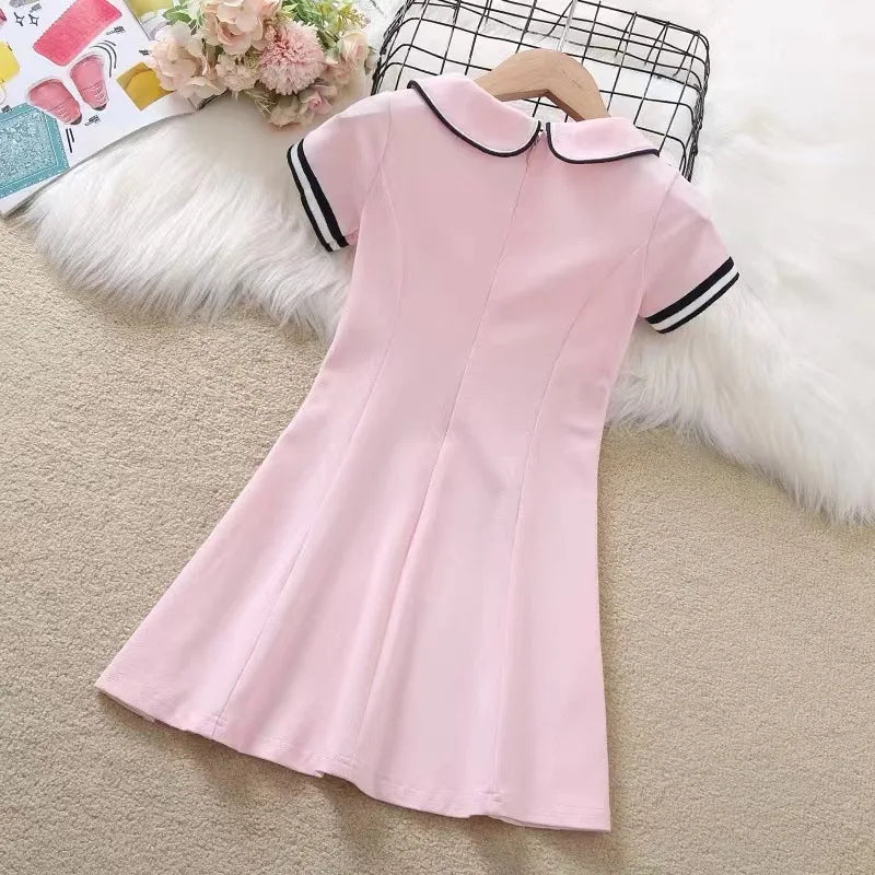 2024 Summer New retro Girls long fruit Cotton peter pan Collar Teenager striped Preppy Dresses Baby Clothes Toddler 8 10 12 year